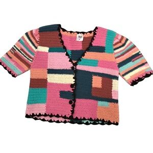 NWOT Tach Crochet Patchwork Cardigan Sweater Multi Color‎ Short Sleeve Size M